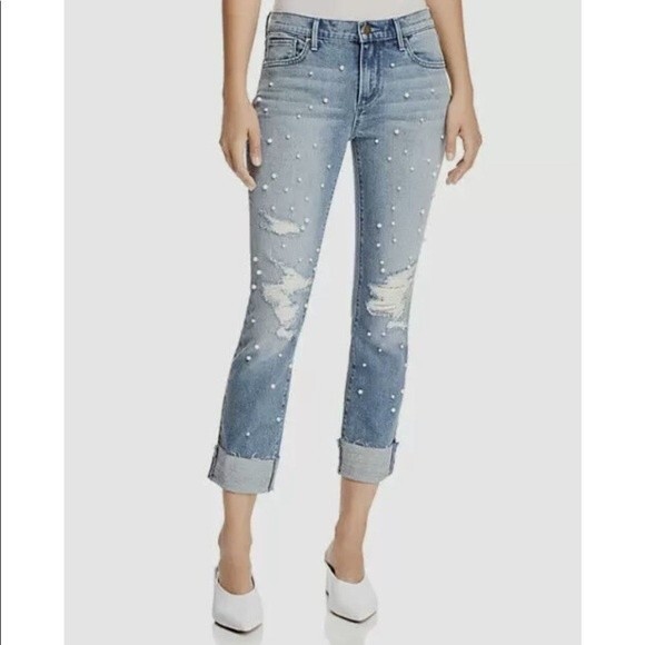 NWT Aqua‎ Pearl Embellished Distressed Straight Leg Jeans Ankle Cropped Size 24 - Picture 3 of 11
